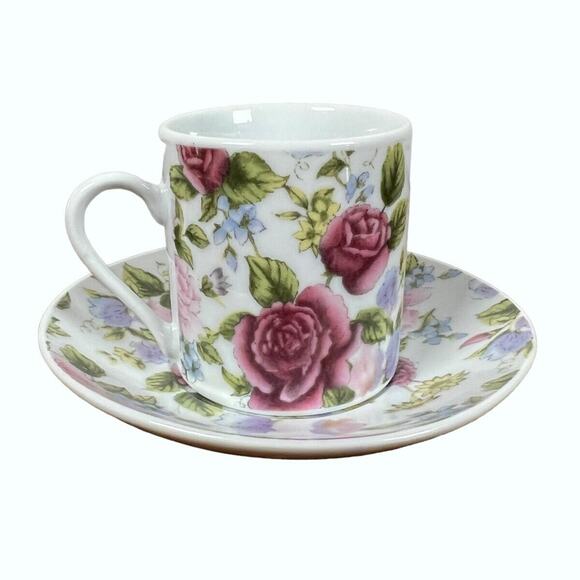 El Ganador Porcelain Floral 2 oz Demitasse Cup Saucer Pink Roses Small 2" Tall - Picture 3 of 13